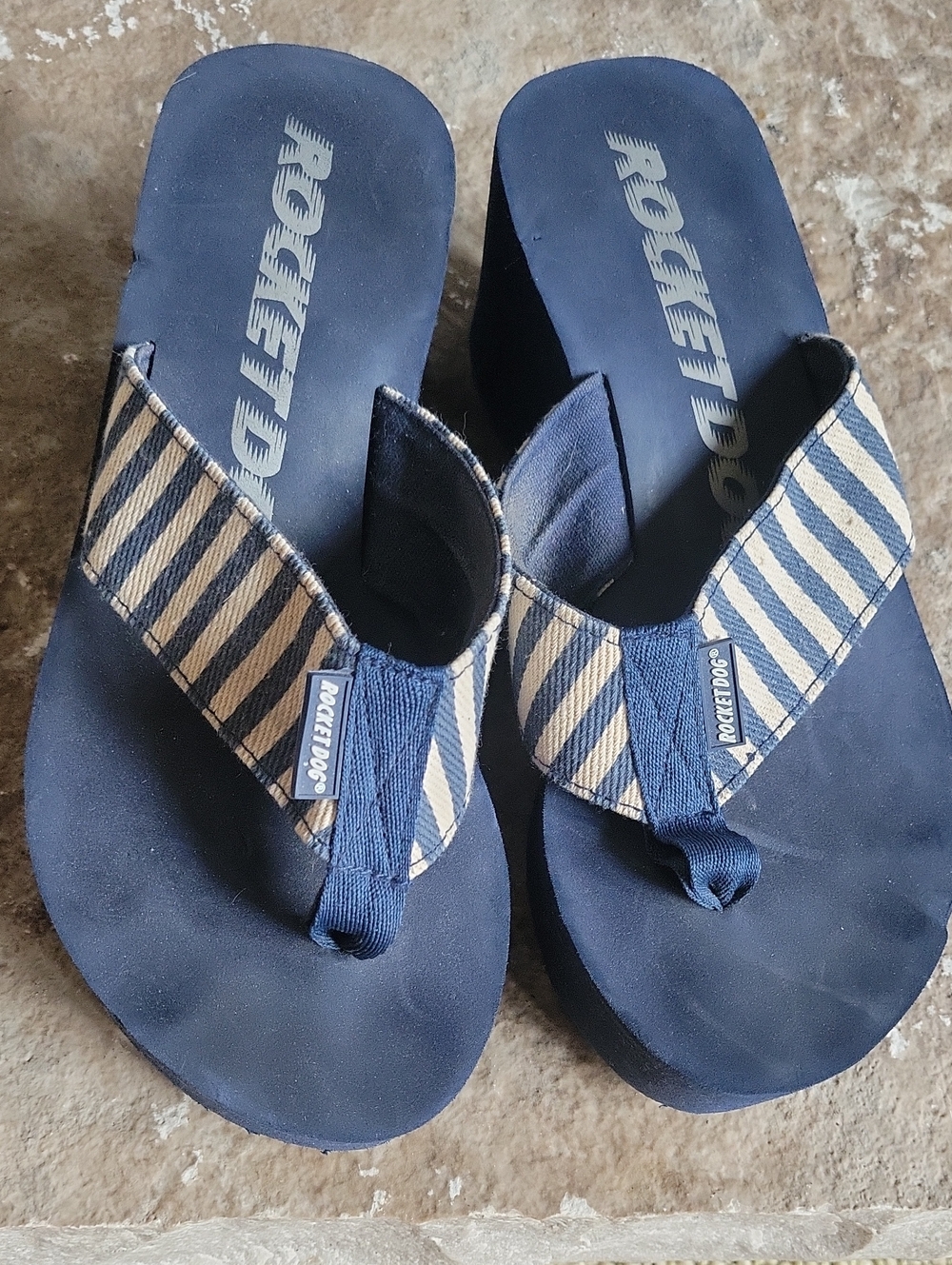Rocket Dog Navy and Cream Striped Canvas Flip Flops